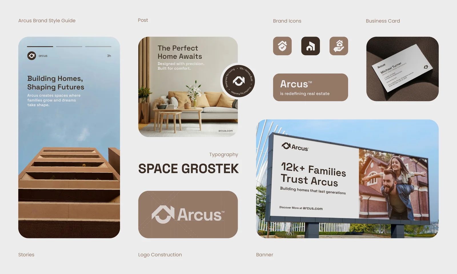 Arcus brand style guide: logo construction, typography, icons and business card