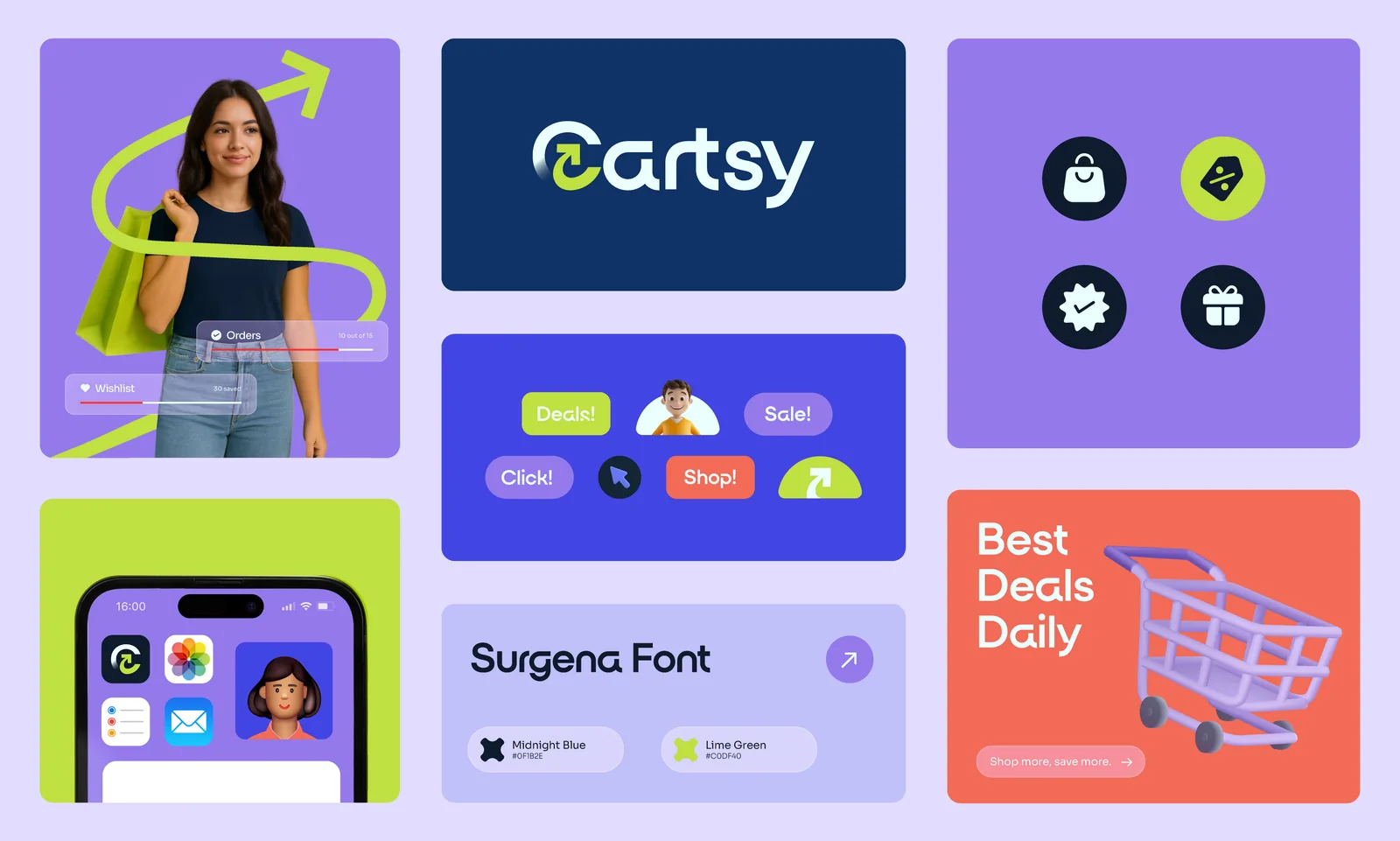 Cartsy identity applications across app, transit poster and packaging