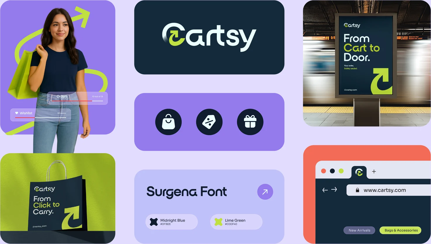 Cartsy brand board: logo, app interface, transit poster, shopping bag and website