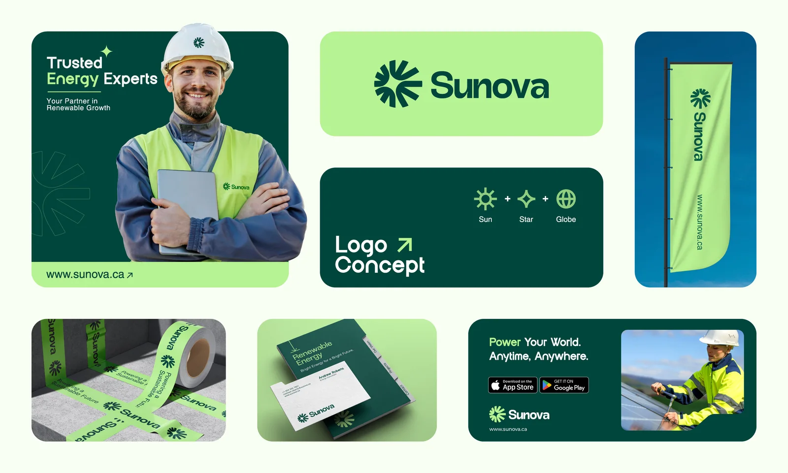 Sunova campaign artwork, stationery and site collateral