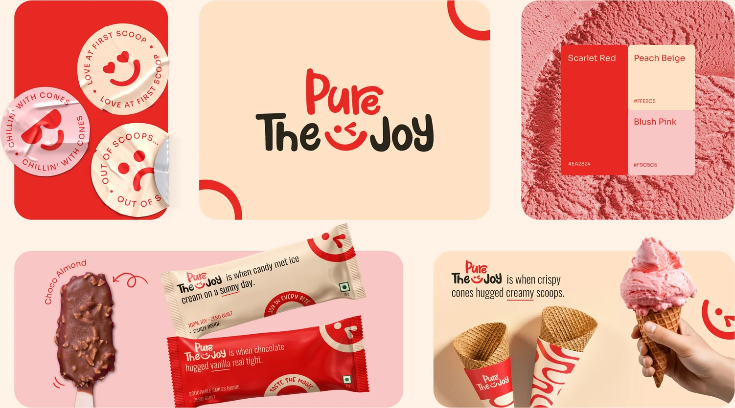 The Pure Joy brand board: wordmark, colour palette, lid designs and ice cream packaging